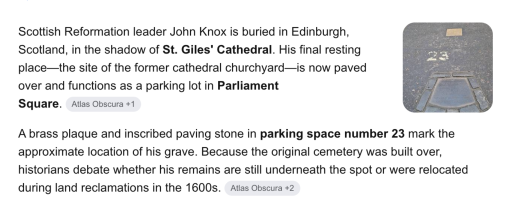 John Knox "rests" under a parking space behind the cathedral.